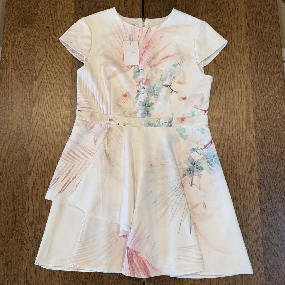 Ted Baker Ruffle Skirt Skater Dress Womens Sz 6 (US 14-16) Light Pink Floral NWT